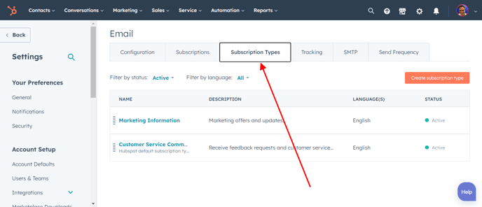 Step 3 Select Subscription Types in the center column
